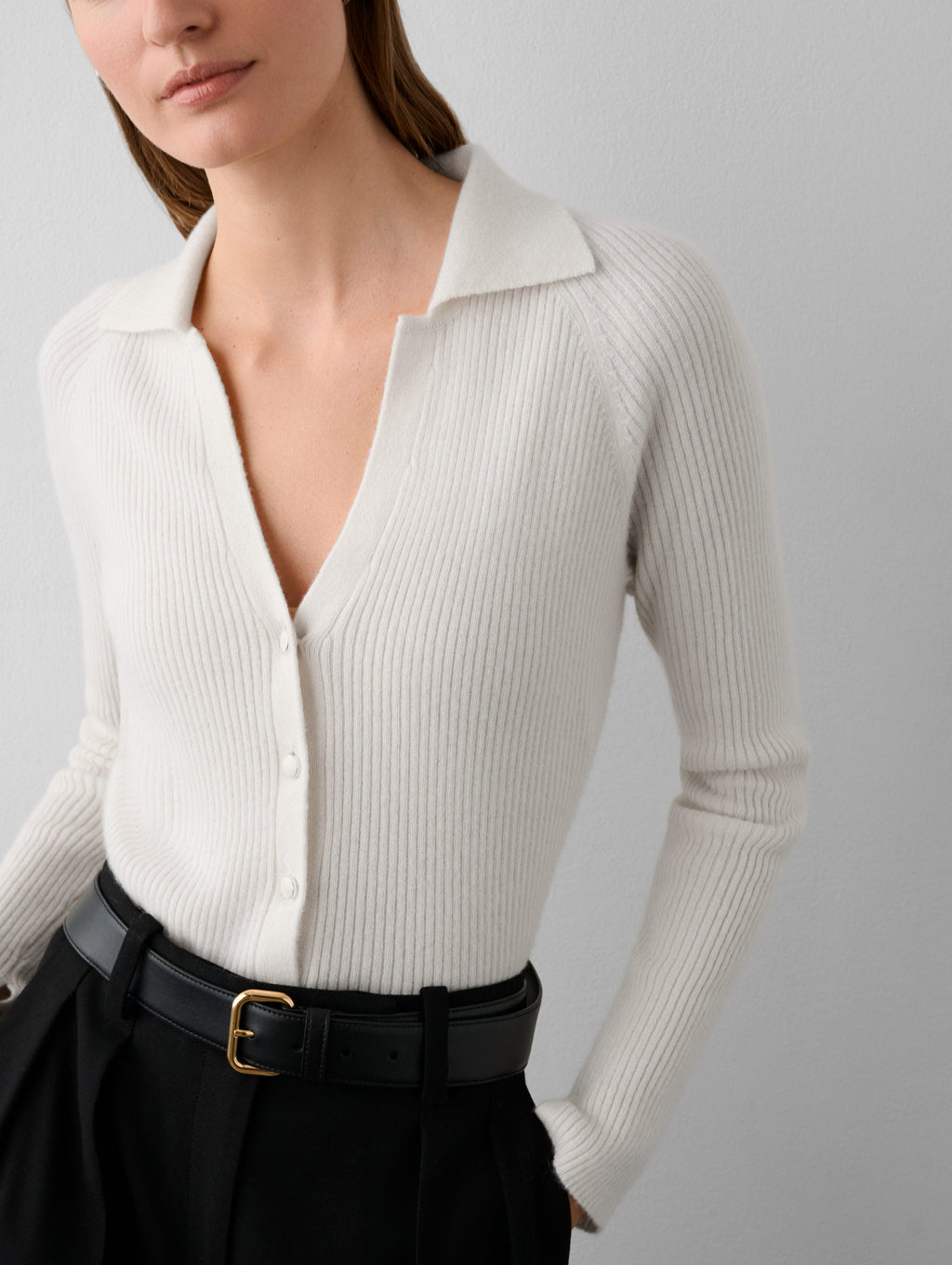 Cashmere Ribbed Polo Top – White + Warren
