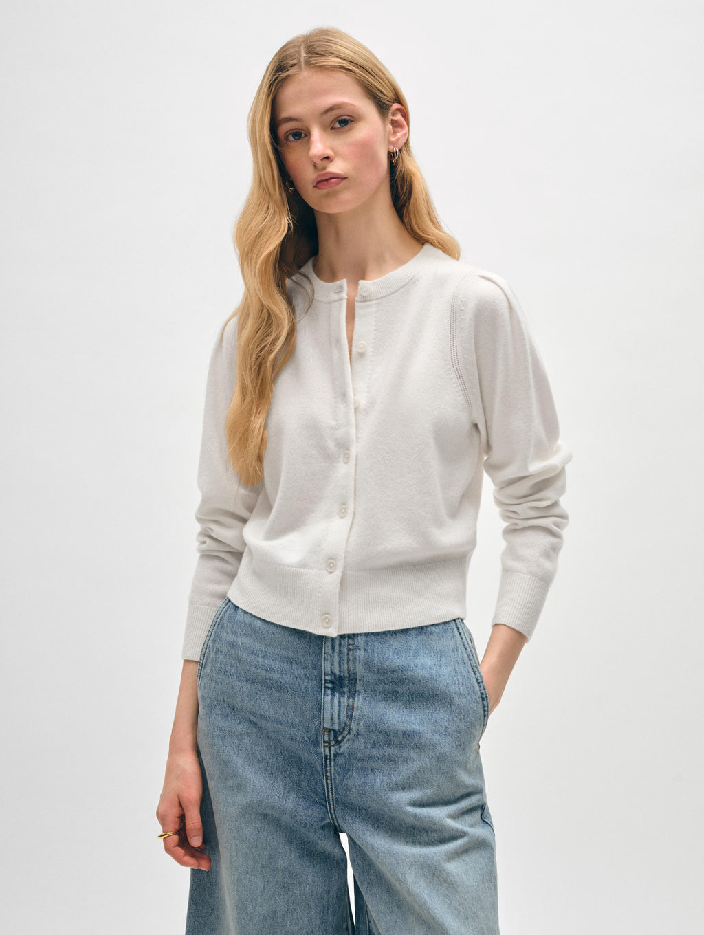 Cashmere Puff Sleeve Cardigan – White + Warren