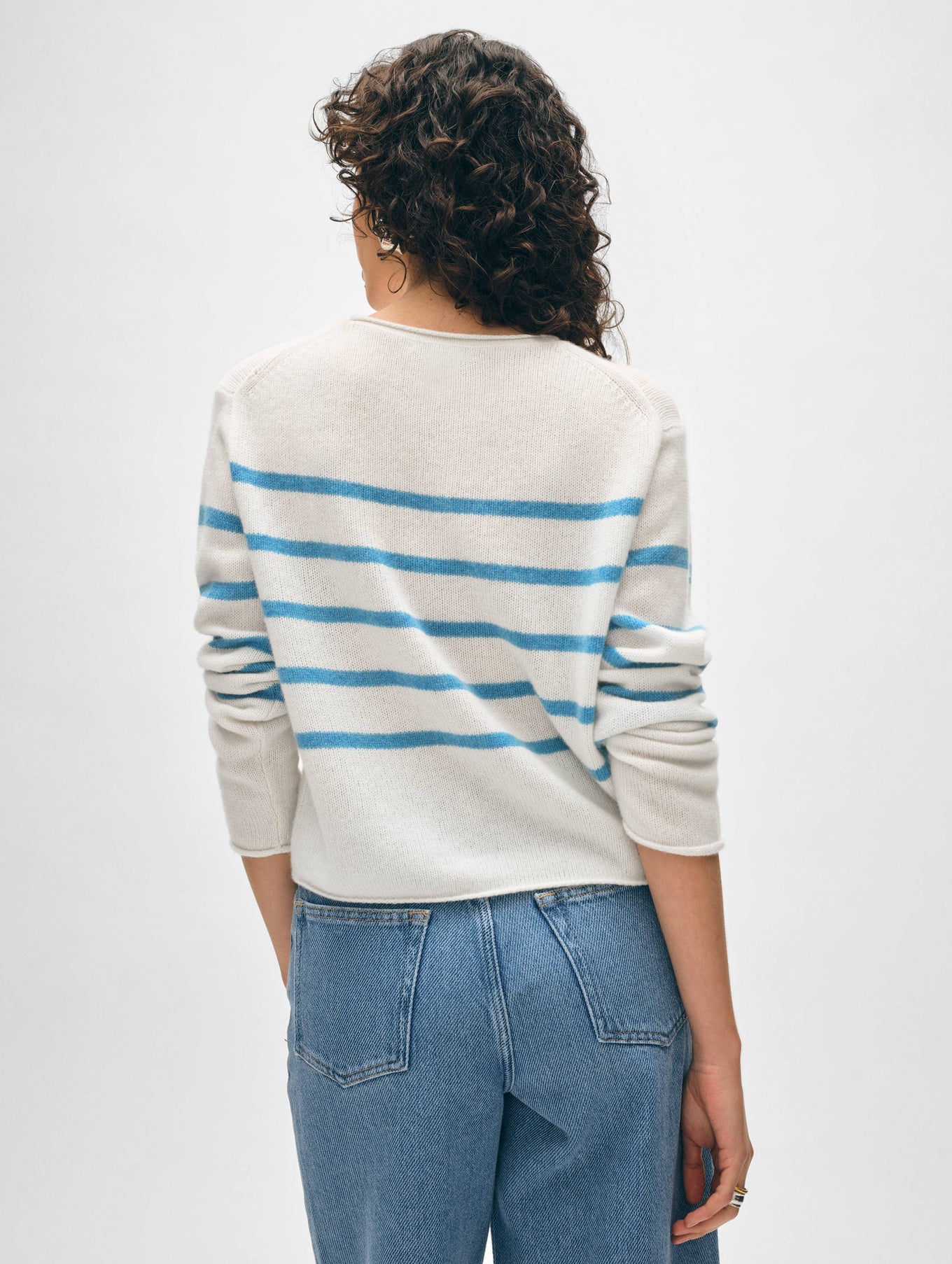 Cashmere Striped Roll Trim Crewneck