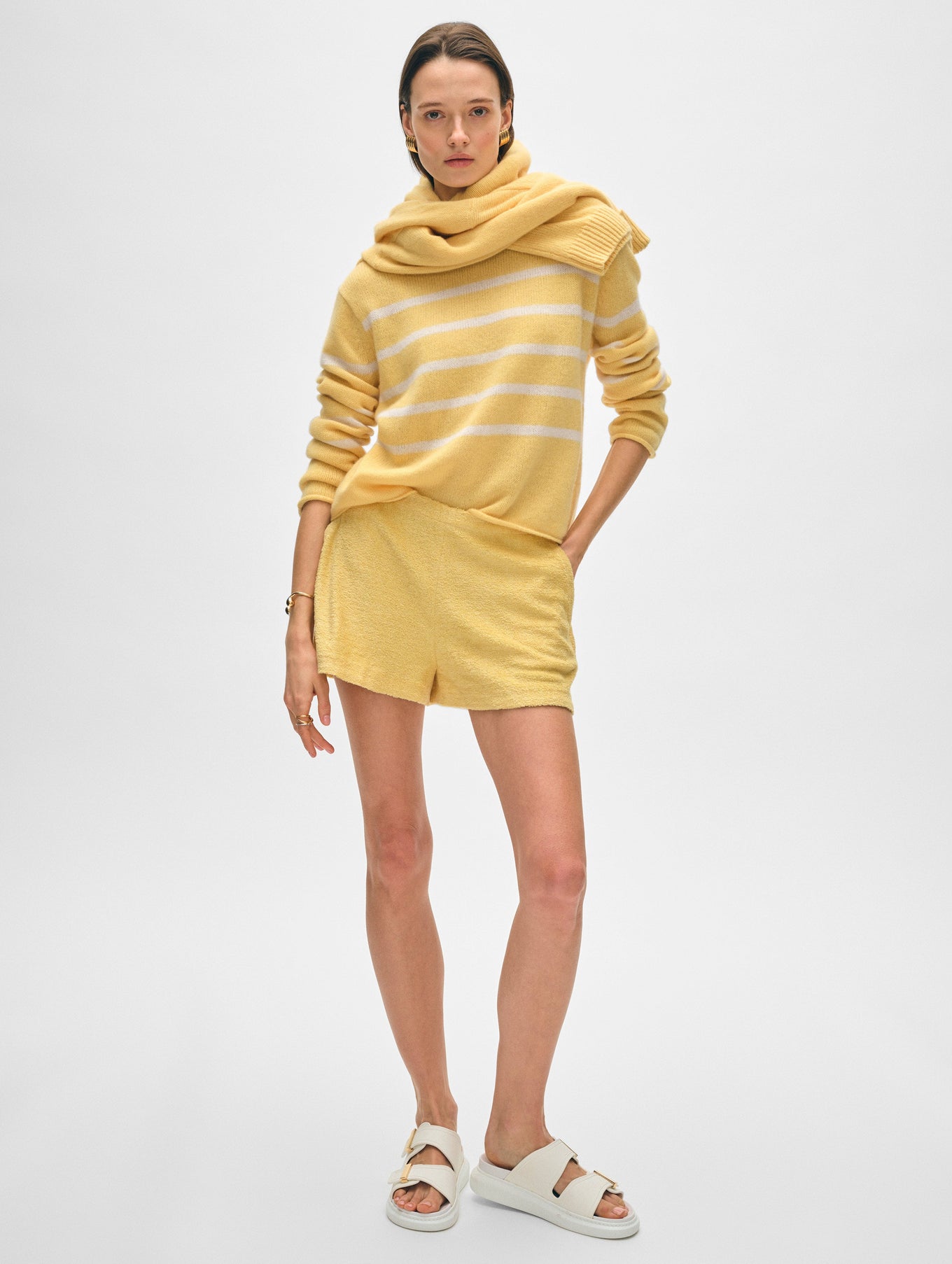 Cashmere Striped Roll Trim Crewneck