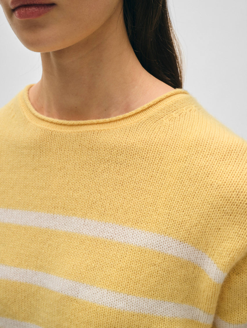 Cashmere Striped Roll Trim Crewneck