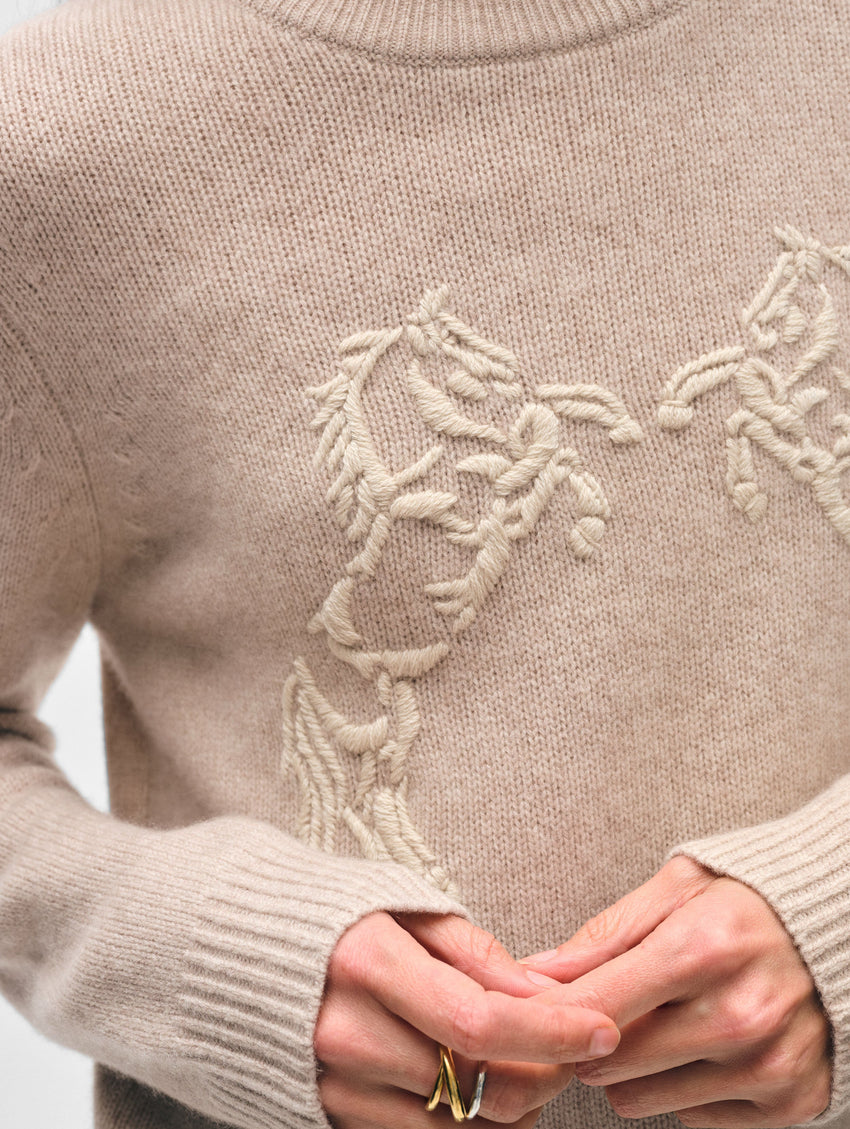 Cashmere Blend Horse Embroidered Crewneck