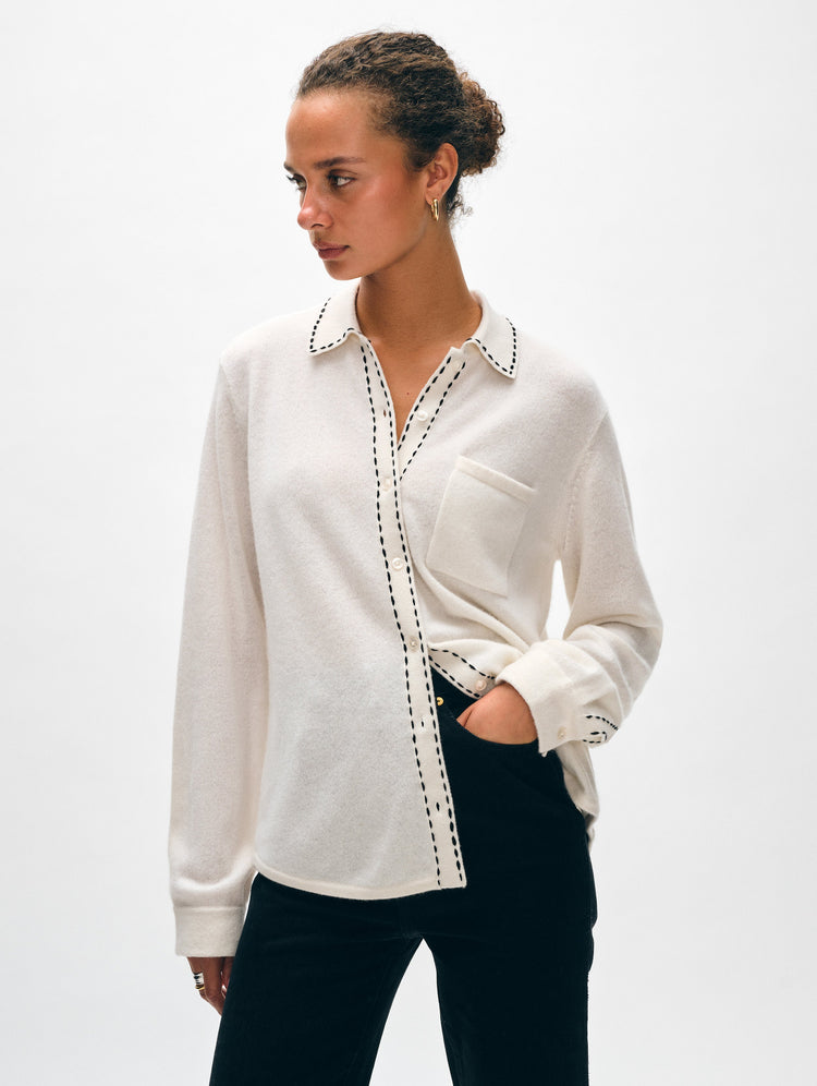 Cashmere Embroidered Trim Button Down Shirt