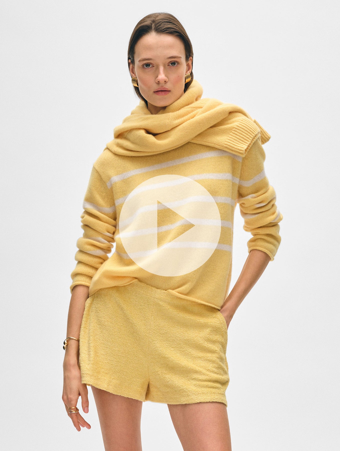 Cashmere Striped Roll Trim Crewneck